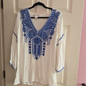 Chic White and Blue Embroidered Women's Tunic